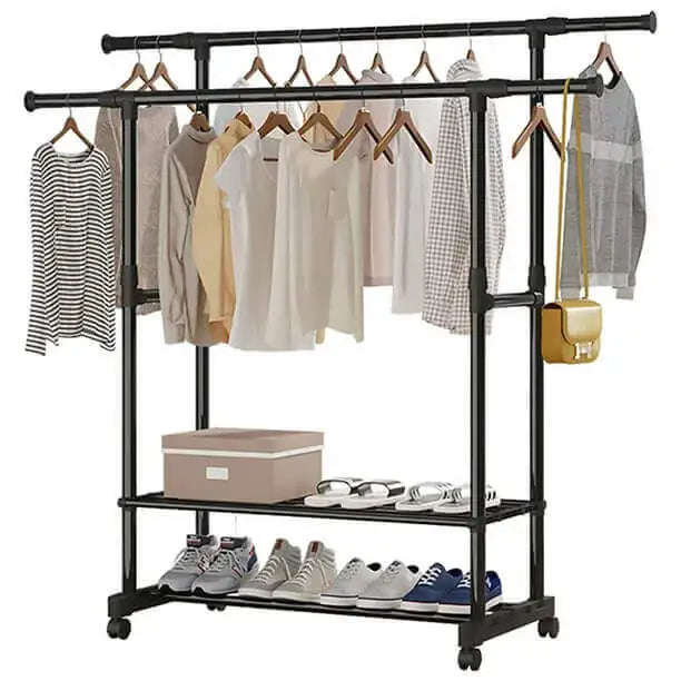 Mobile Clothing Garment Rack with Extensible Rod and Shoes Rack