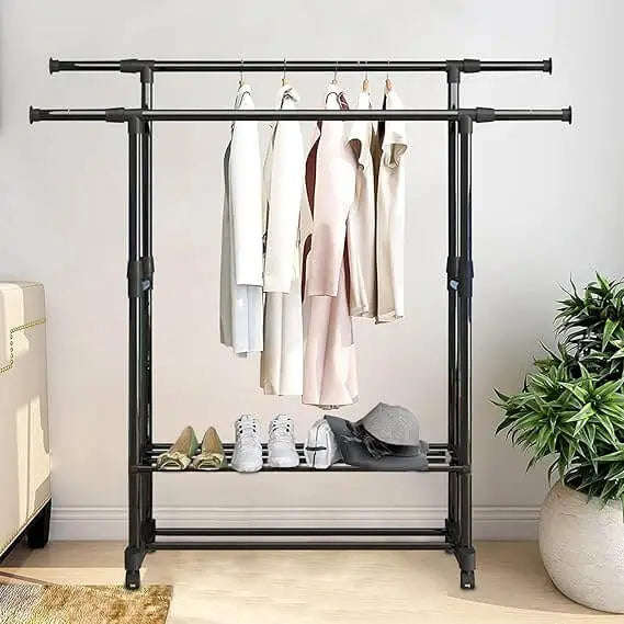 Mobile Clothing Garment Rack with Extensible Rod and Shoes Rack