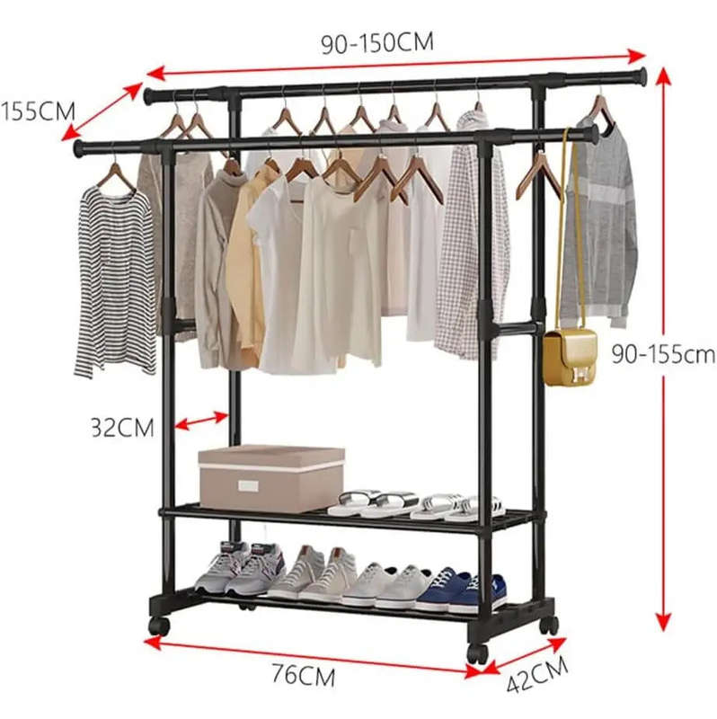 Mobile Clothing Garment Rack with Extensible Rod and Shoes Rack