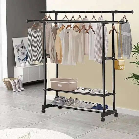 Mobile Clothing Garment Rack with Extensible Rod and Shoes Rack