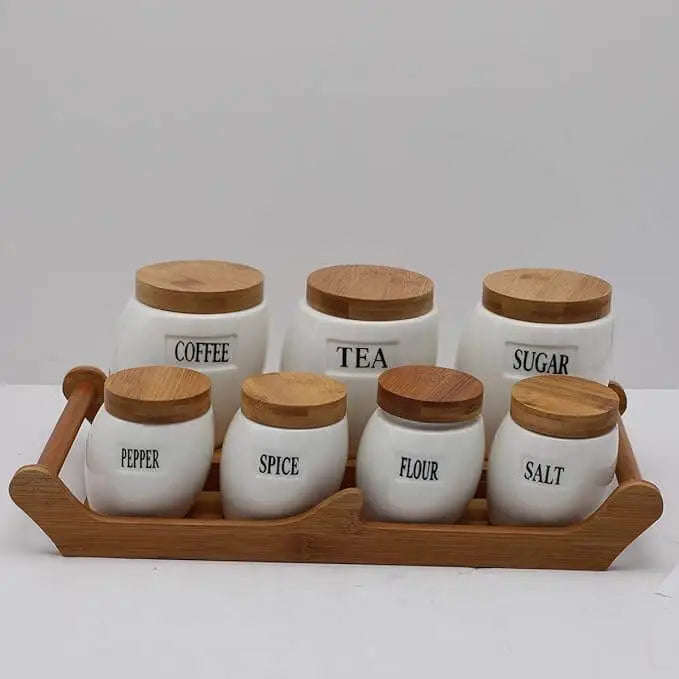 Set of 7 Canisters with Bamboo Base