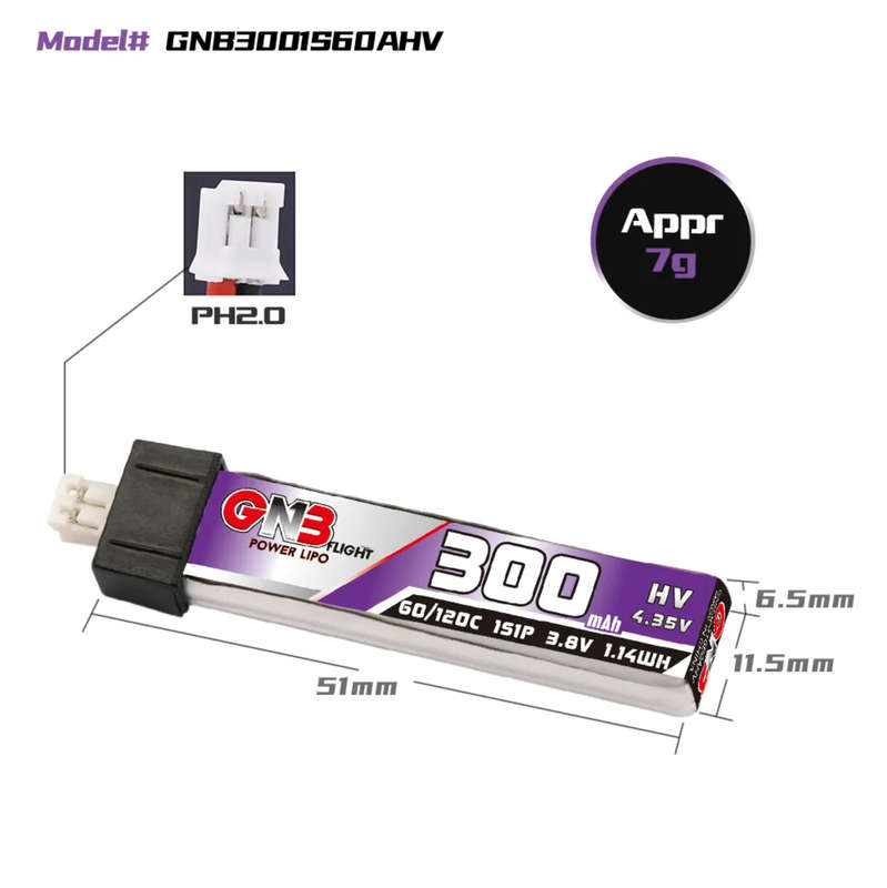 GNB 300MAH  1S 3.8V HV 60C PH2.0 Plastic Head LiPo Battery