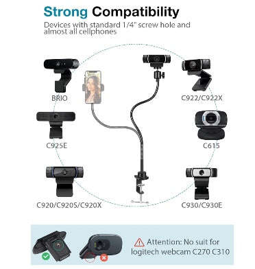 GOOSENECK FLEXIBLE ARM WEBCAM / PHONE ADJUSTABLE CLAMP MOUNT BLACK | INNOGEAR