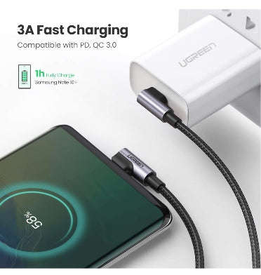 USB-C TO USB-C RIGHT-ANGLED 60W PD FAST CHARGING CABLE 2M BRAIDED BLACK | UGREEN