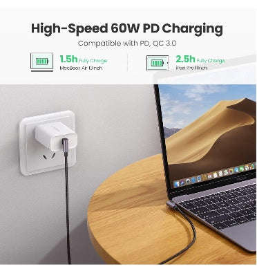 USB-C TO USB-C RIGHT-ANGLED 60W PD FAST CHARGING CABLE 2M BRAIDED BLACK | UGREEN