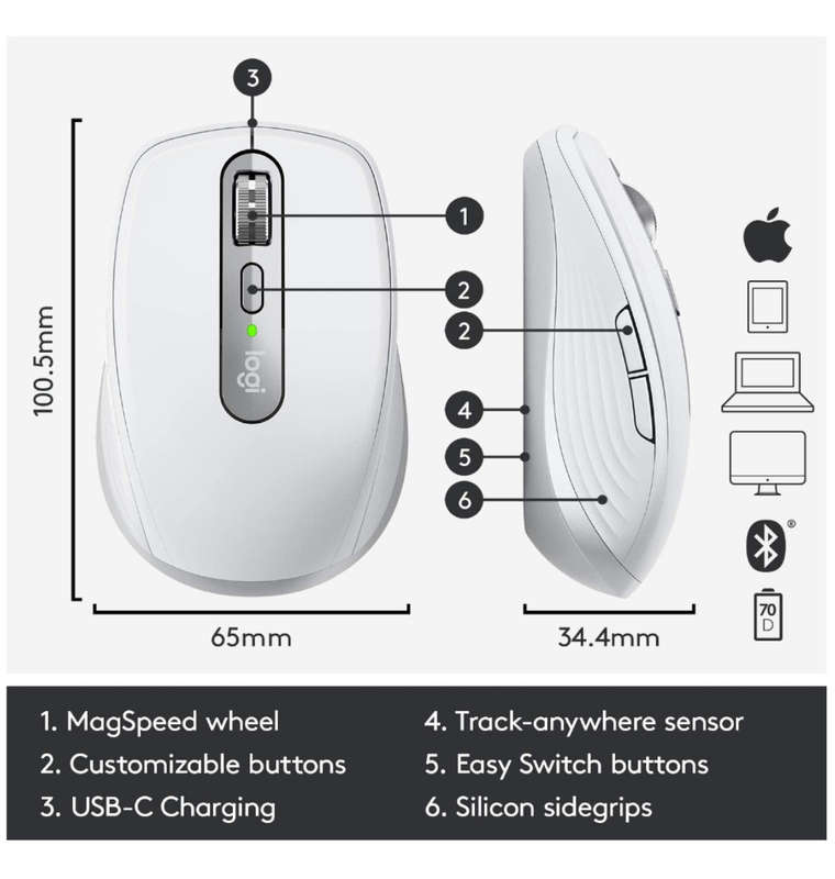 LOGITECH MX ANYWHERE 3 WIRELESS MOUSE MAC EDITION PALE GRAY