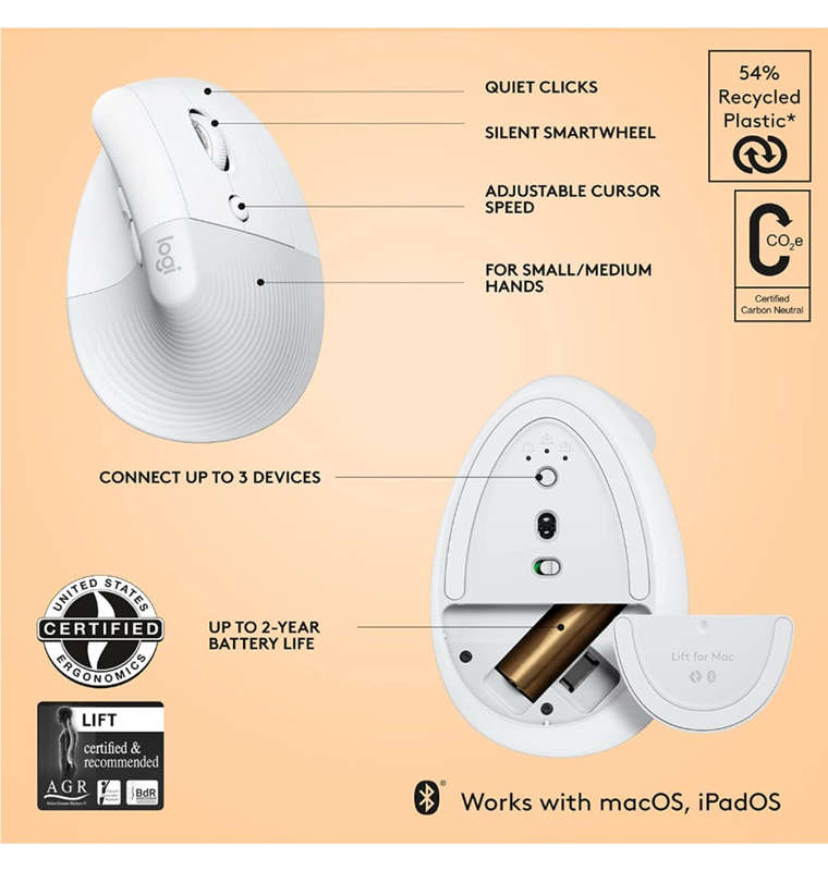 LOGITECH LIFT VERTICAL ERGONOMIC MOUSE MAC EDITION WHITE
