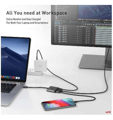 USB-C TO HDMI 4K 3in1 ADAPTER NYLON BRAIDED CABLE BLACK | UNI