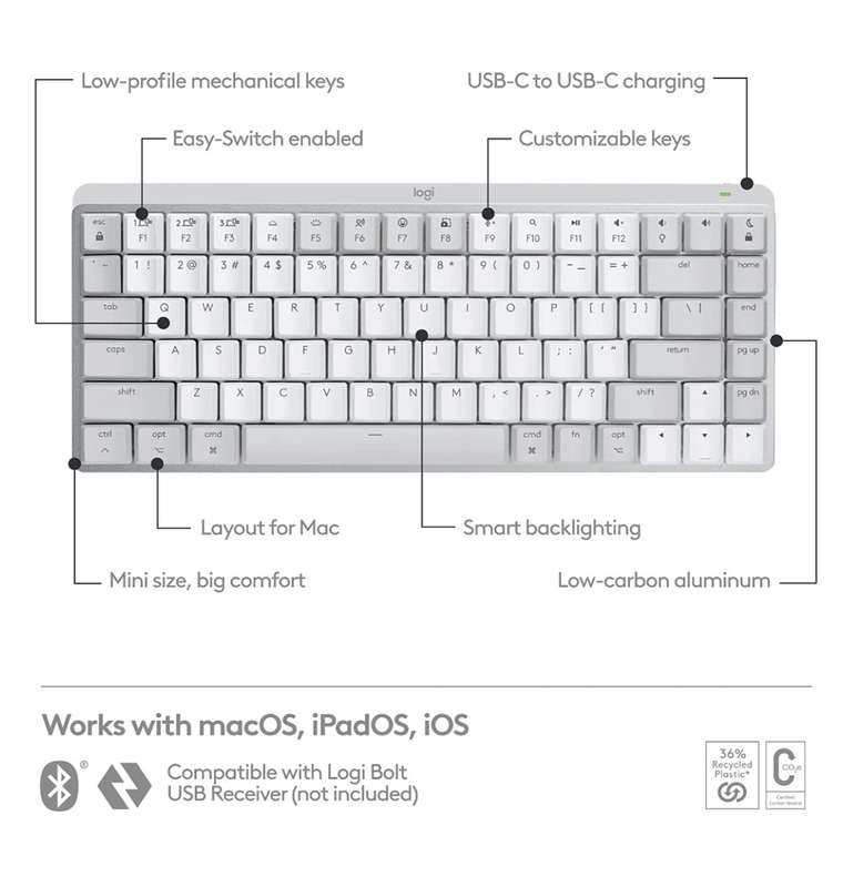 LOGITECH MX MECHANICAL MINI WIRELESS KEYBOARD TACTILE/QUIET MAC EDITION PALE GRAY