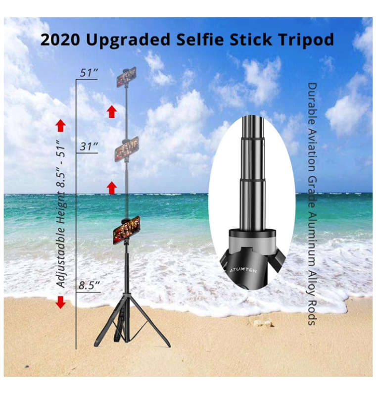 ATUMTEK TRIPOD SELFIE STICK 51" WITH BLUETOOTH REMOTE BLACK