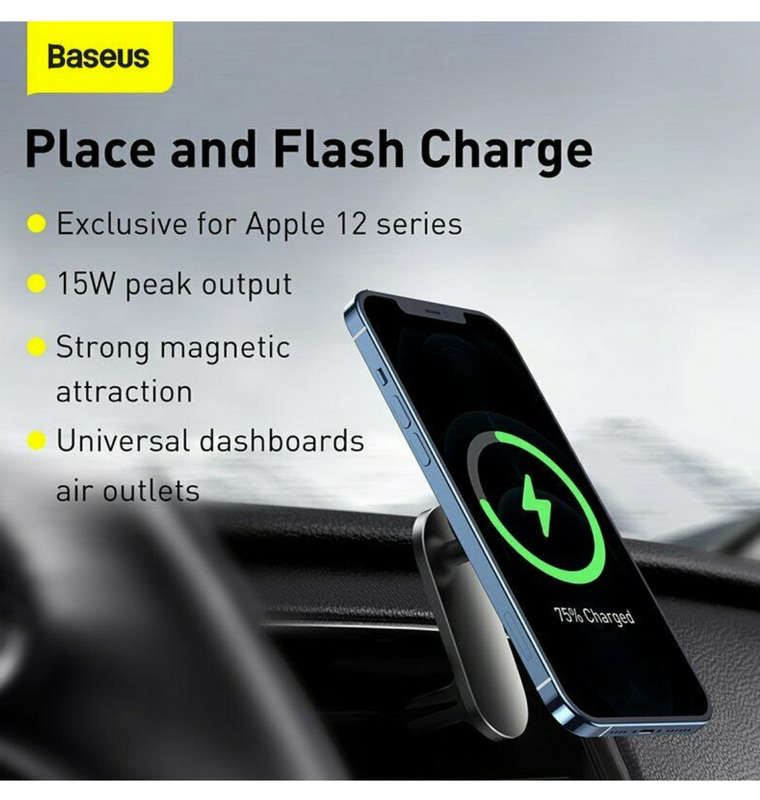 BASEUS 15W WIRELESS MAGNETIC CAR CHARGER VENT/DASH MOUNT FOR IPHONE 12 SERIES