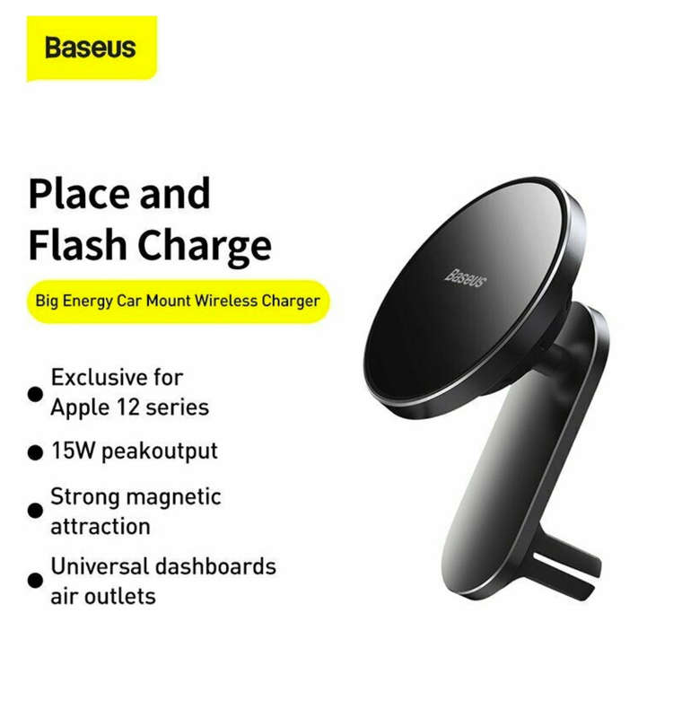 BASEUS 15W WIRELESS MAGNETIC CAR CHARGER VENT/DASH MOUNT FOR IPHONE 12 SERIES