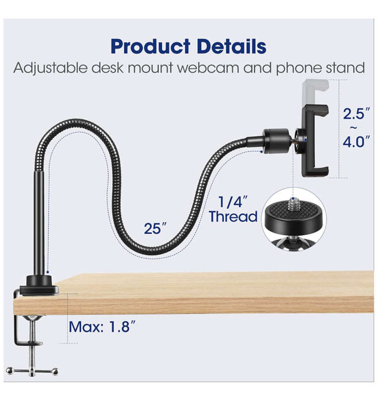 GOOSENECK FLEXIBLE ARM WEBCAM MOUNT WITH ADJUSTABLE CLAMP BLACK | PUROMA