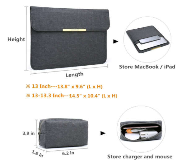 HYZUO 13" LAPTOP PROTECTIVE SLEEVE CASE WITH CARRY BAG CHIFFON FABRIC DARK GRAY