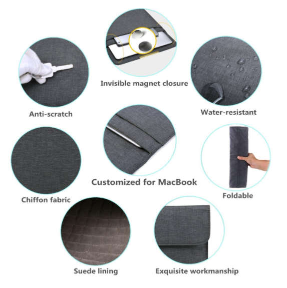 HYZUO 13" LAPTOP PROTECTIVE SLEEVE CASE WITH CARRY BAG CHIFFON FABRIC DARK GRAY