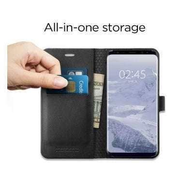 SAMSUNG GALAXY S9+ PREMIUM WALLET FLIP COVER CASE BLACK | SPIGEN