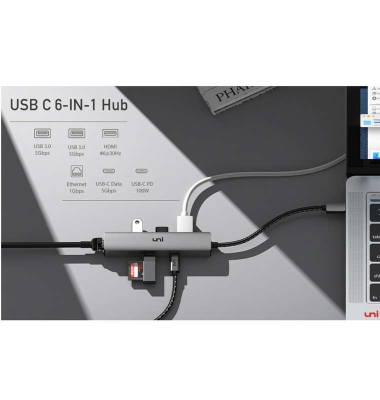 USB-C 6in1 MULTI PORT PD/HDMI/ETHERNET/USB/USB-C HUB | UNI