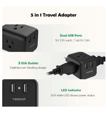 EUROPEAN 5in1/USA TRAVEL PLUG ADAPTER WITH USB PORT | TESSAN