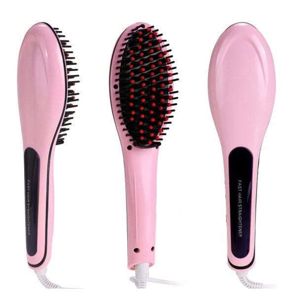 Electric Fast Hair Straightener Brush Comb with LCD Display - Pink