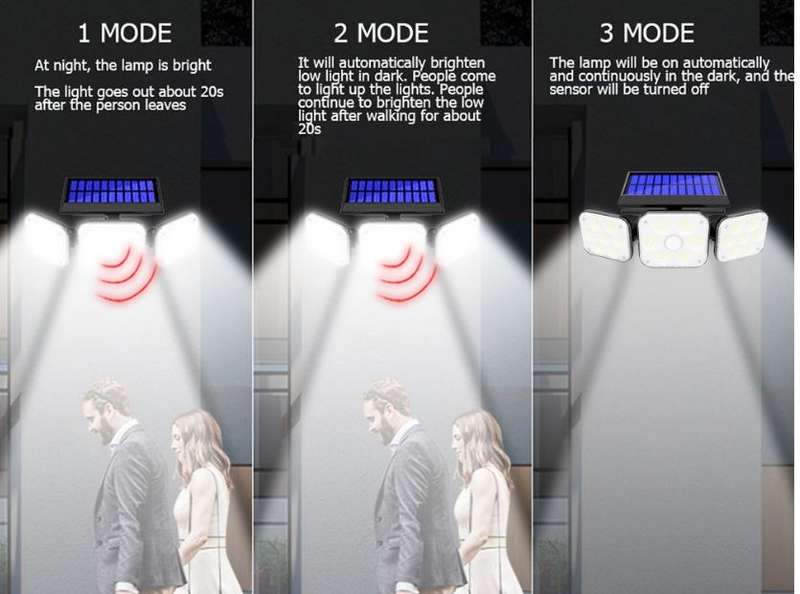 Three Head Outdoor Solar Powered LED Sensor Wall Light