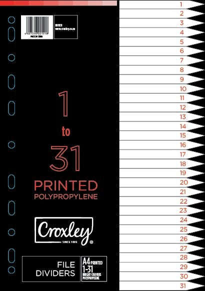 CROXLEY Indices Polypropylene - Printed 1-31 Divider Set - Each