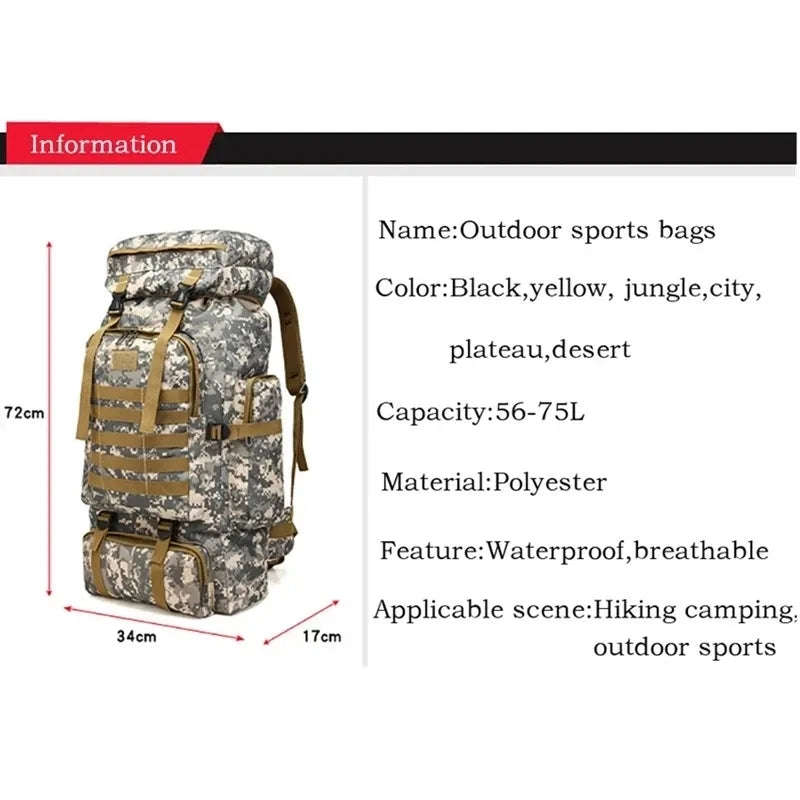 80L Hiking Military Outdoor Backpack For Tactical Fishing Activities