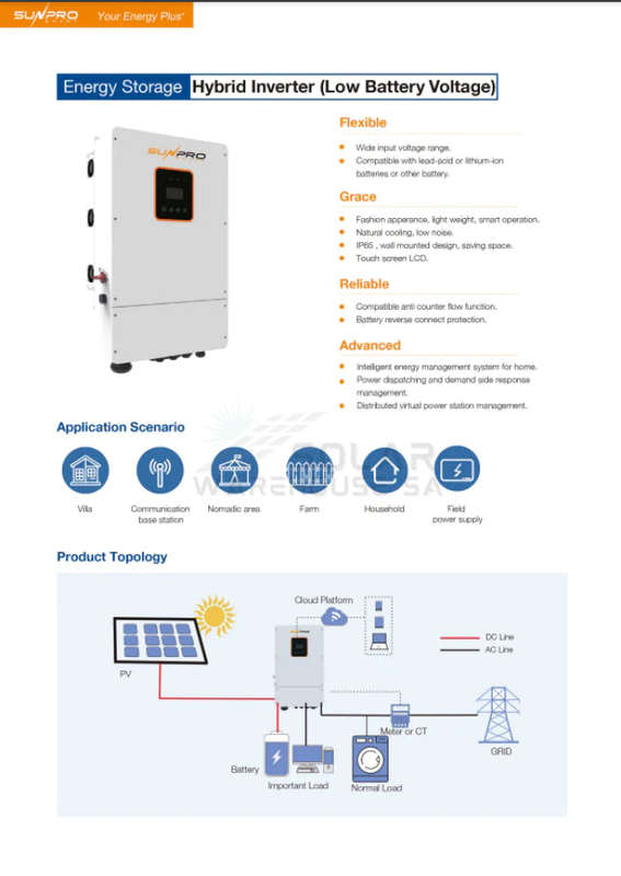 SUNPRO HYBRID SOLAR INVERTER SINGLE PHASE MPPT PARRALEL 8.8KW HYBRID INVERTER