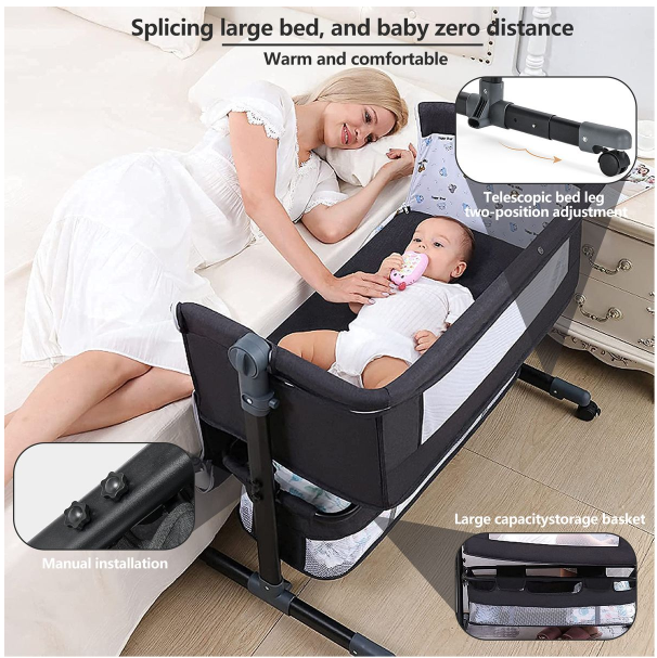 Bedside Bassinet, Bedside Sleeper, Bedside Crib with Storage Basket, Easy Folding Portable Crib, ...