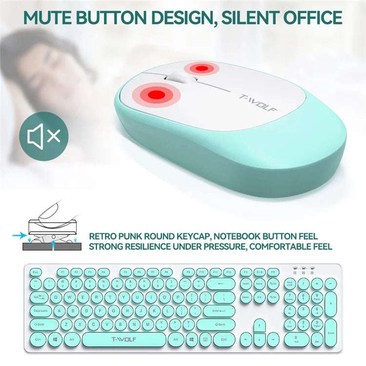 T-WOLF TF770 Wireless Keyboard and Mouse Combo 104 Key Low-Noise Keyboard with Cute Keycaps - Bab...