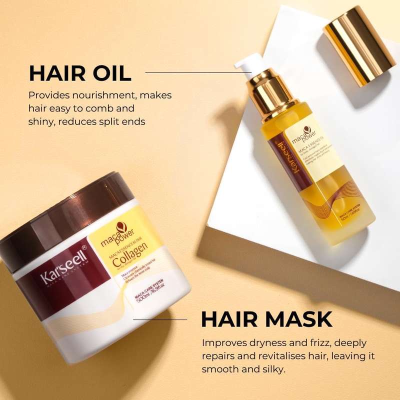 Karseell Collagen Maca Essence Repair Set, Collagen Hair Mask 500ml & Maca Essence Hair Oil 50ml,...