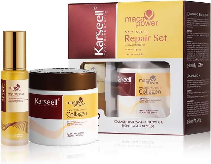 Karseell Collagen Maca Essence Repair Set, Collagen Hair Mask 500ml & Maca Essence Hair Oil 50ml,...