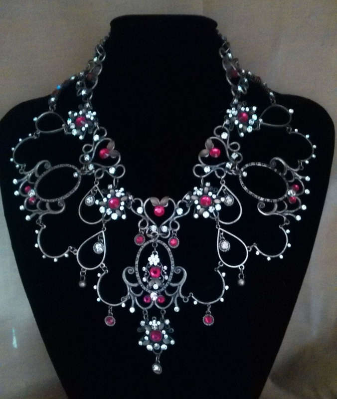 Large pewter and diamante jewelled necklace