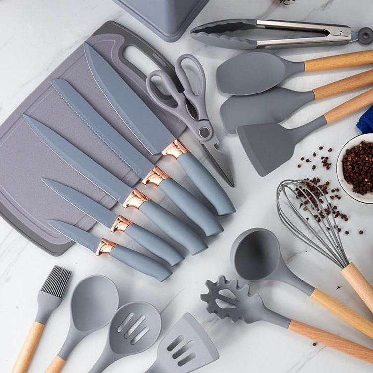 Silicone Kitchenware Set 19 Pieces Knife & Spoon Set With Storage Rack - Black