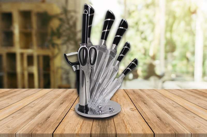 ZS - 9 Piece Stainless Steel Rotating Kitchen Knife Set - Black