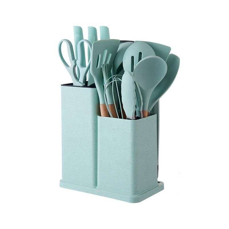 Silicone Kitchenware Set 19 Pieces Knife & Spoon Set With Storage Rack - Black