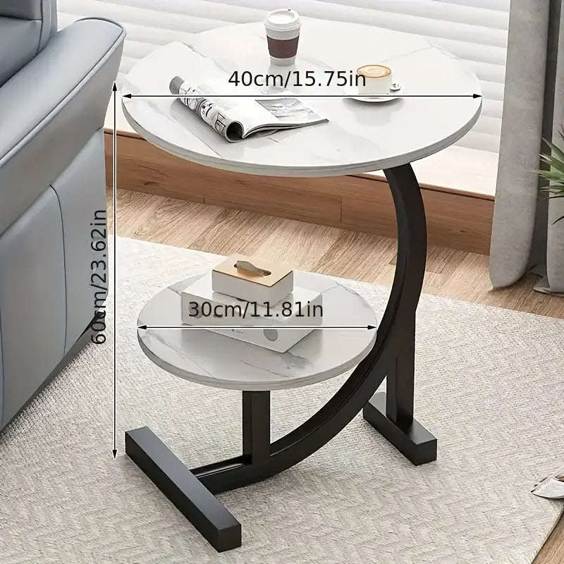 ZS - C-SHAPED 2 Tier Chic SIDE TABLE ROUND - White Marble with Black Frame