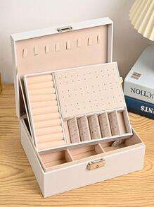 Multi-grid Lockable Jewelry Storage Box, White Double Layer Ring Box, For Home - Green