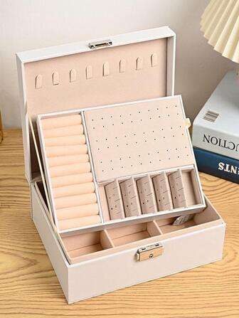 Multi-grid Lockable Jewelry Storage Box, White Double Layer Ring Box, For Home - Green
