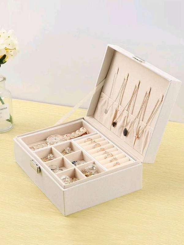 Multi-grid Lockable Jewelry Storage Box, White Double Layer Ring Box, For Home - Green