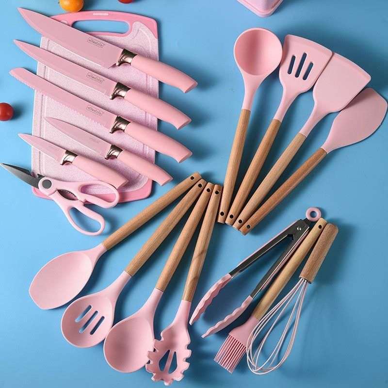 Silicone Kitchenware Set 19 Pieces Knife & Spoon Set With Storage Rack - Black