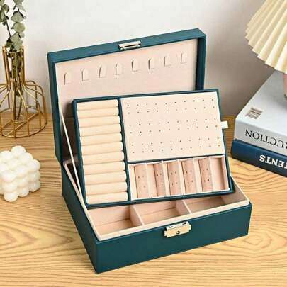 Multi-grid Lockable Jewelry Storage Box, White Double Layer Ring Box, For Home - Green