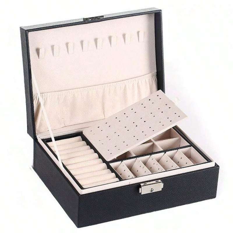 Multi-grid Lockable Jewelry Storage Box, White Double Layer Ring Box, For Home - Black