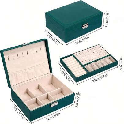 Multi-grid Lockable Jewelry Storage Box, White Double Layer Ring Box, For Home - Green