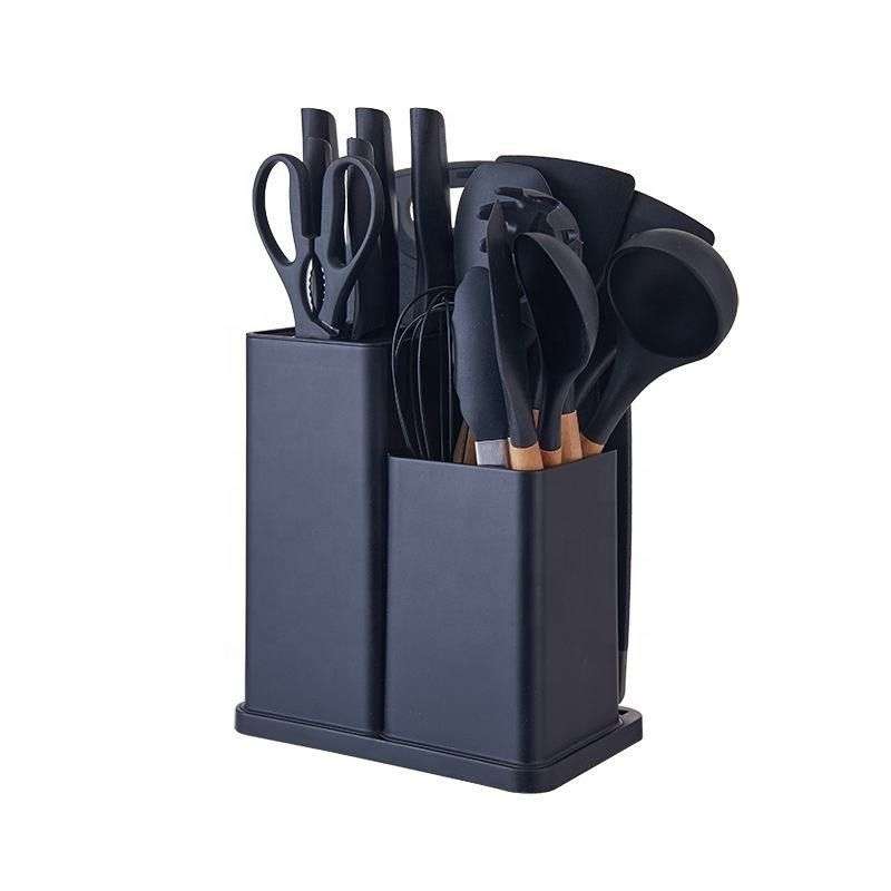 Silicone Kitchenware Set 19 Pieces Knife & Spoon Set With Storage Rack - Black