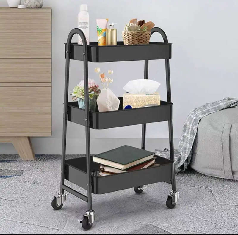 ZS - 3 Tier Metal Storage Trolley Storage Cart Serving Trolley - Black