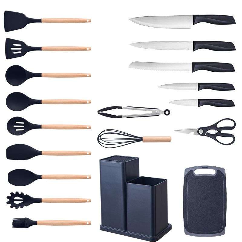 Silicone Kitchenware Set 19 Pieces Knife & Spoon Set With Storage Rack - Black