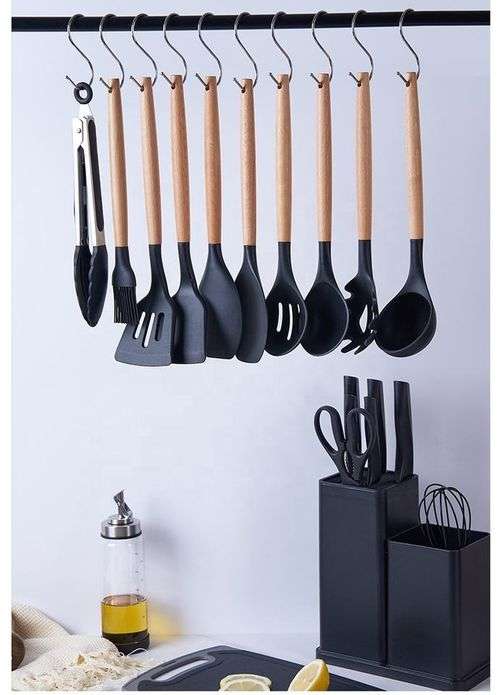 Silicone Kitchenware Set 19 Pieces Knife & Spoon Set With Storage Rack - Black