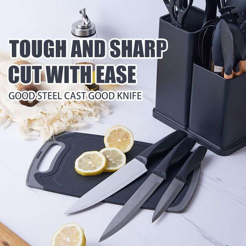 ZS - Silicone Kitchenware Set 19 Pieces Knife & Spoon Set With Storage Rack - Black