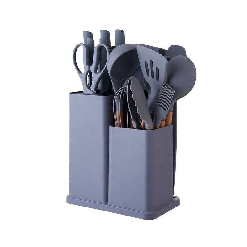ZS - Silicone Kitchenware Set 19 Pieces Knife & Spoon Set With Storage Rack - Gray