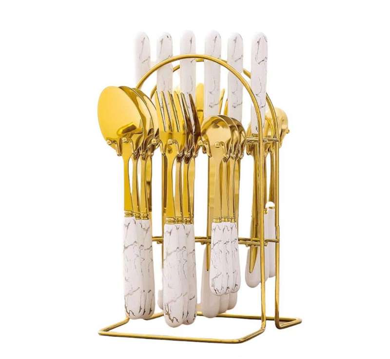 24pcs Gold Dinnerware Flatware Set with Marbled Ceramic Handle & Holder - White
